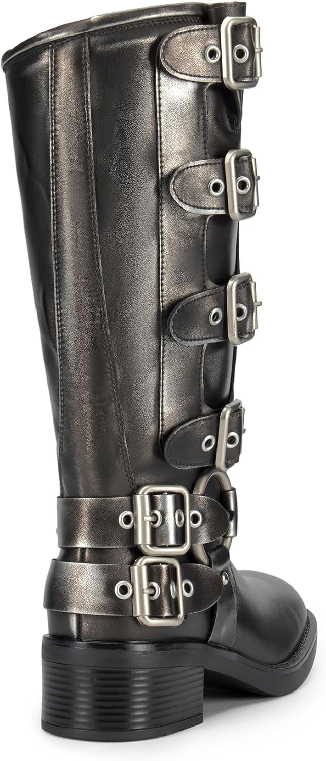 imageDREAM PAIRS Womens Knee High Riding Boots Side Zipper Motorcycle Boots Square Toe Chunky Heel Fashion Buckles Biker BootsSilver