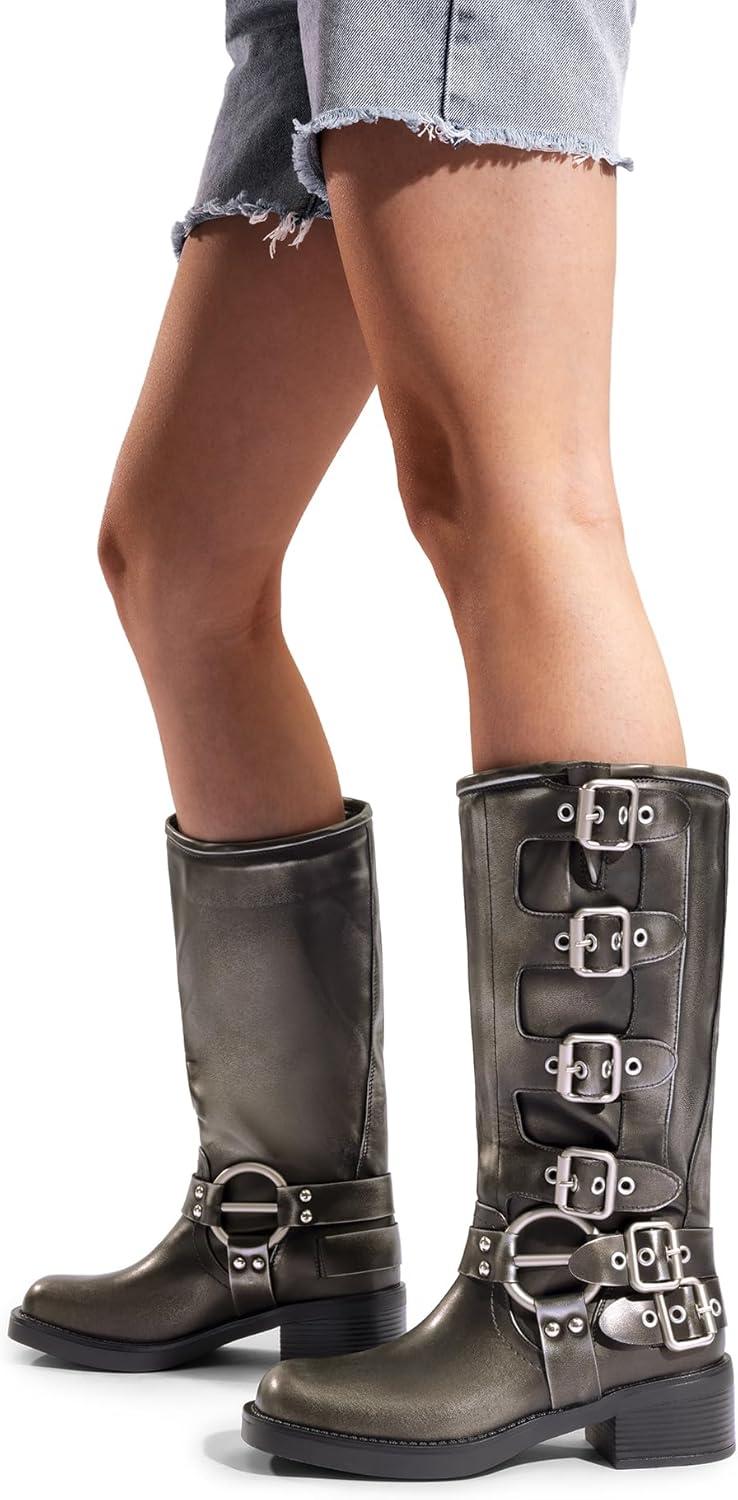 imageDREAM PAIRS Womens Knee High Riding Boots Side Zipper Motorcycle Boots Square Toe Chunky Heel Fashion Buckles Biker BootsSilver