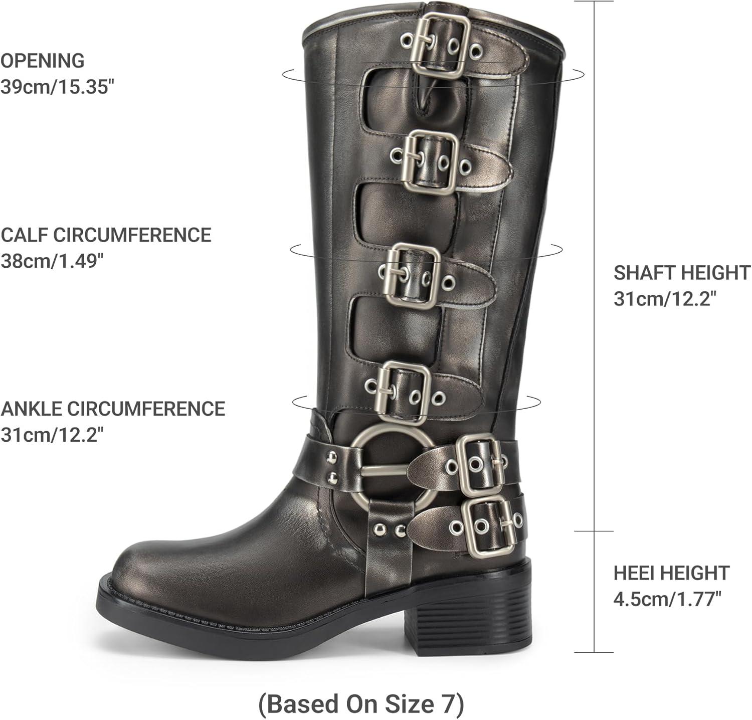 imageDREAM PAIRS Womens Knee High Riding Boots Side Zipper Motorcycle Boots Square Toe Chunky Heel Fashion Buckles Biker BootsSilver