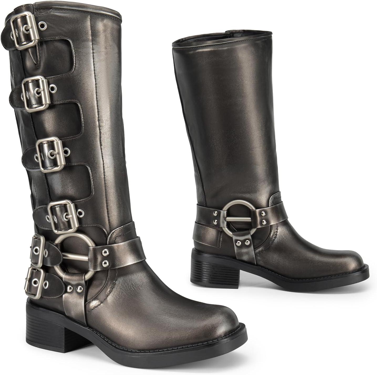 imageDREAM PAIRS Womens Knee High Riding Boots Side Zipper Motorcycle Boots Square Toe Chunky Heel Fashion Buckles Biker BootsSilver