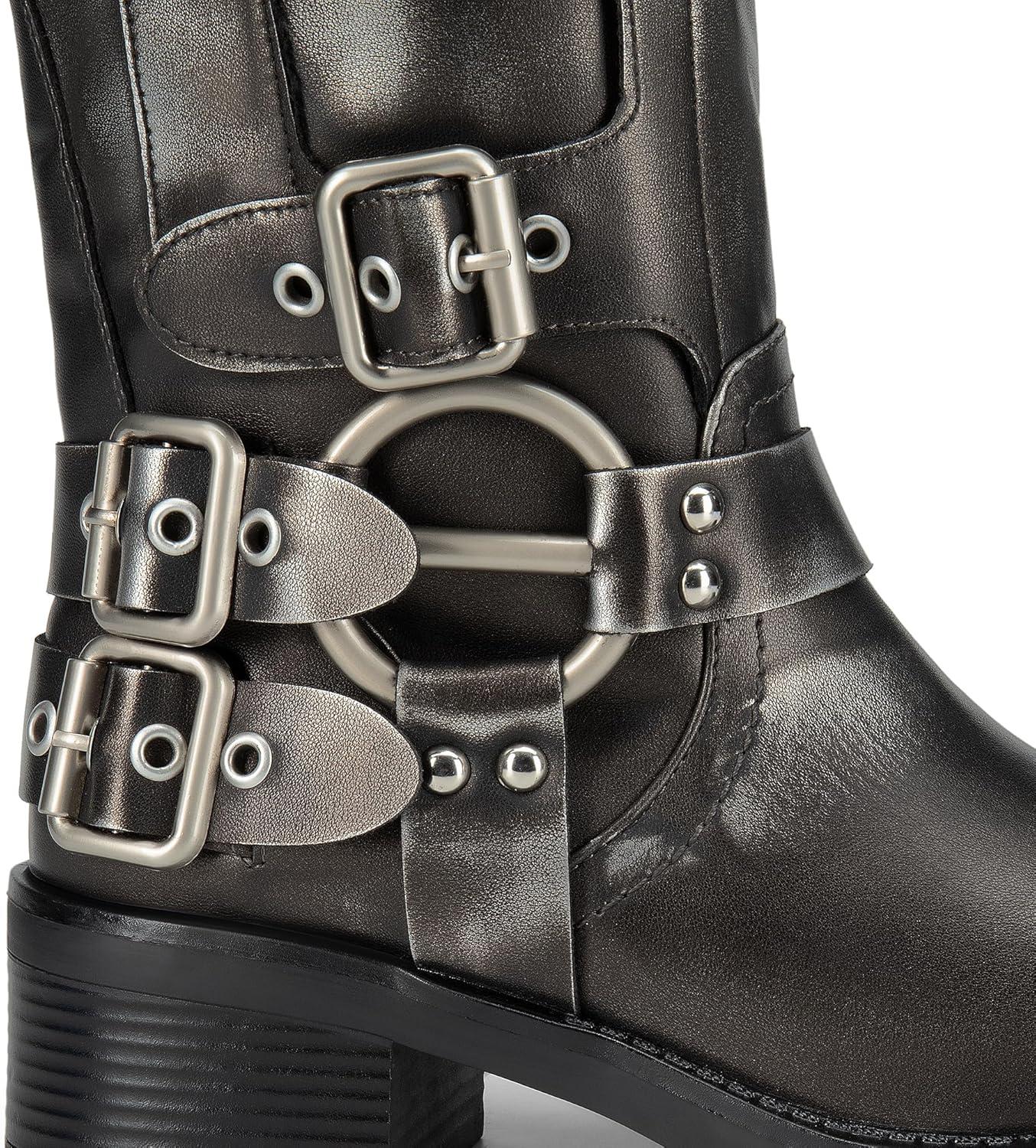 imageDREAM PAIRS Womens Knee High Riding Boots Side Zipper Motorcycle Boots Square Toe Chunky Heel Fashion Buckles Biker BootsSilver