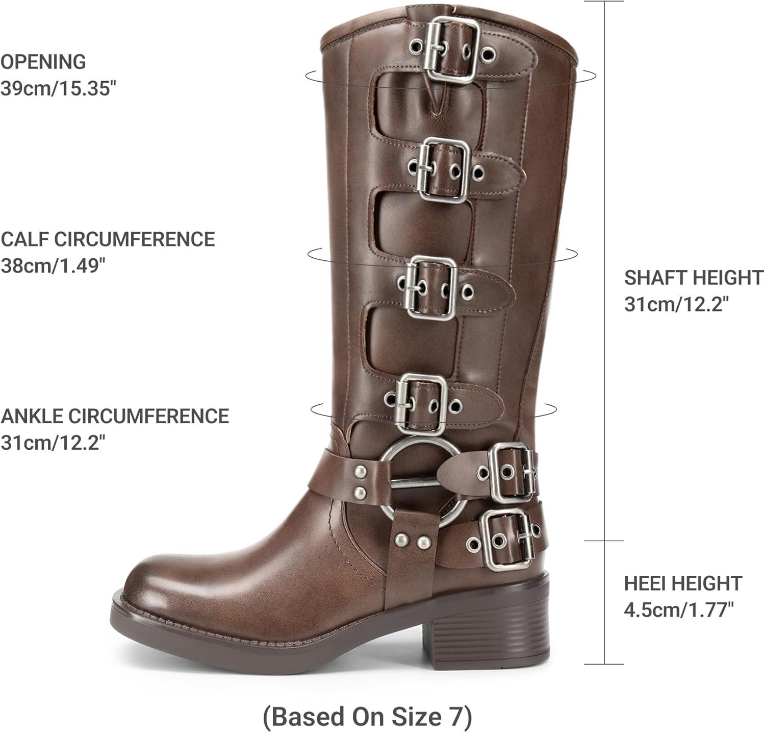 imageDREAM PAIRS Womens Knee High Riding Boots Side Zipper Motorcycle Boots Square Toe Chunky Heel Fashion Buckles Biker BootsTan