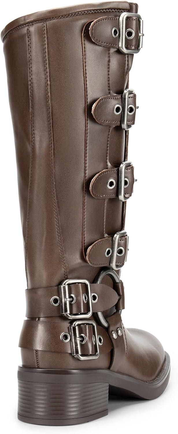 imageDREAM PAIRS Womens Knee High Riding Boots Side Zipper Motorcycle Boots Square Toe Chunky Heel Fashion Buckles Biker BootsTan