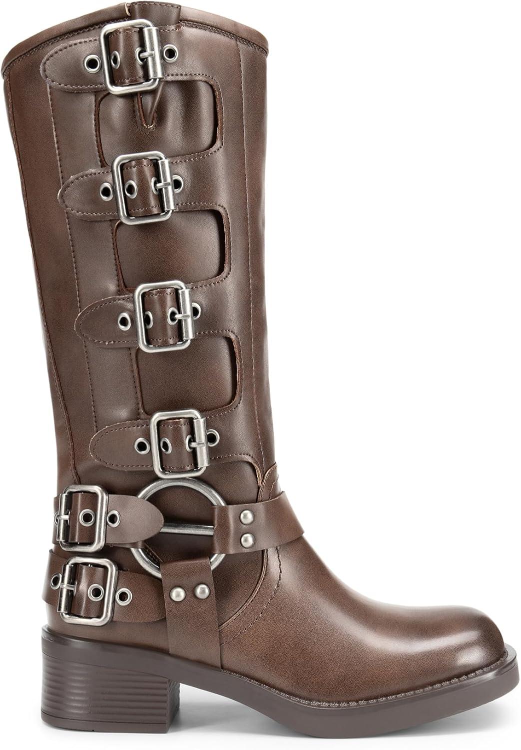 imageDREAM PAIRS Womens Knee High Riding Boots Side Zipper Motorcycle Boots Square Toe Chunky Heel Fashion Buckles Biker BootsTan