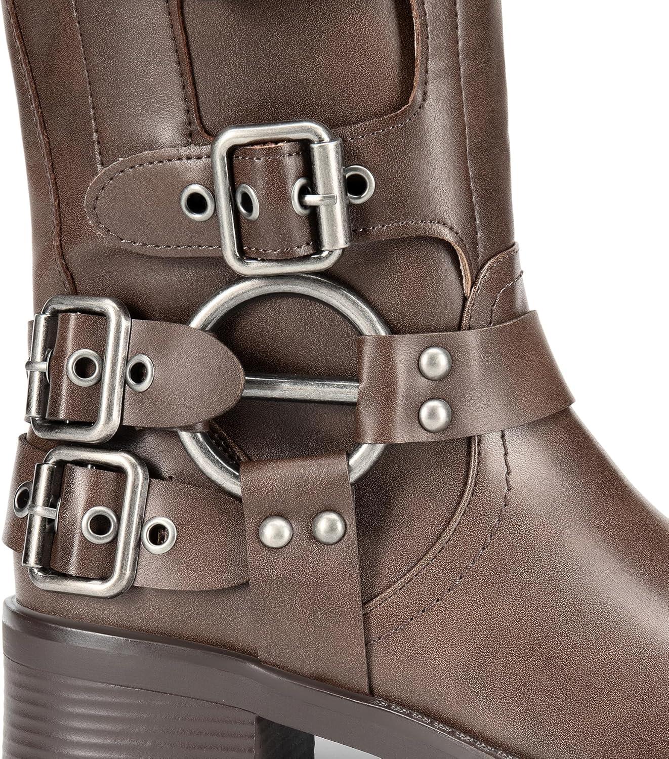 imageDREAM PAIRS Womens Knee High Riding Boots Side Zipper Motorcycle Boots Square Toe Chunky Heel Fashion Buckles Biker BootsTan