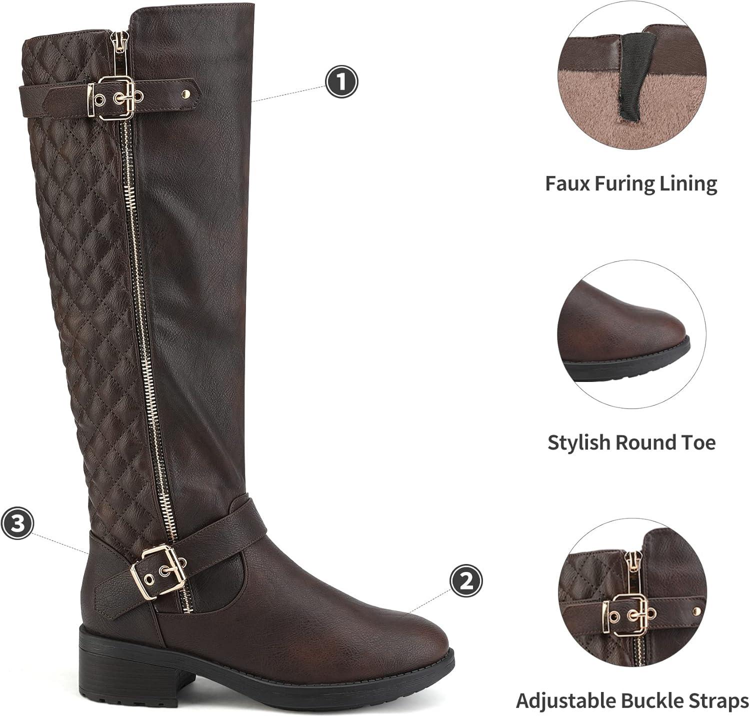 imageDREAM PAIRS Womens KneeHigh Boots Comfortable Chunky Block Heel Round Toe Side Zipper Riding Fashion Buckles Biker Motorcycle BootsBrown