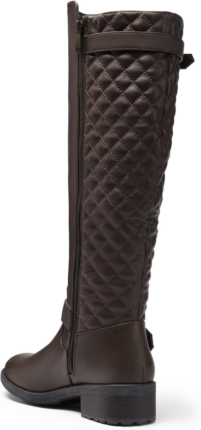 imageDREAM PAIRS Womens KneeHigh Boots Comfortable Chunky Block Heel Round Toe Side Zipper Riding Fashion Buckles Biker Motorcycle BootsBrown