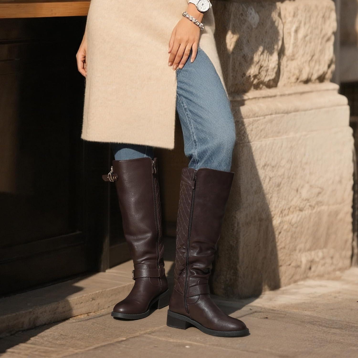 imageDREAM PAIRS Womens KneeHigh Boots Comfortable Chunky Block Heel Round Toe Side Zipper Riding Fashion Buckles Biker Motorcycle BootsBrown