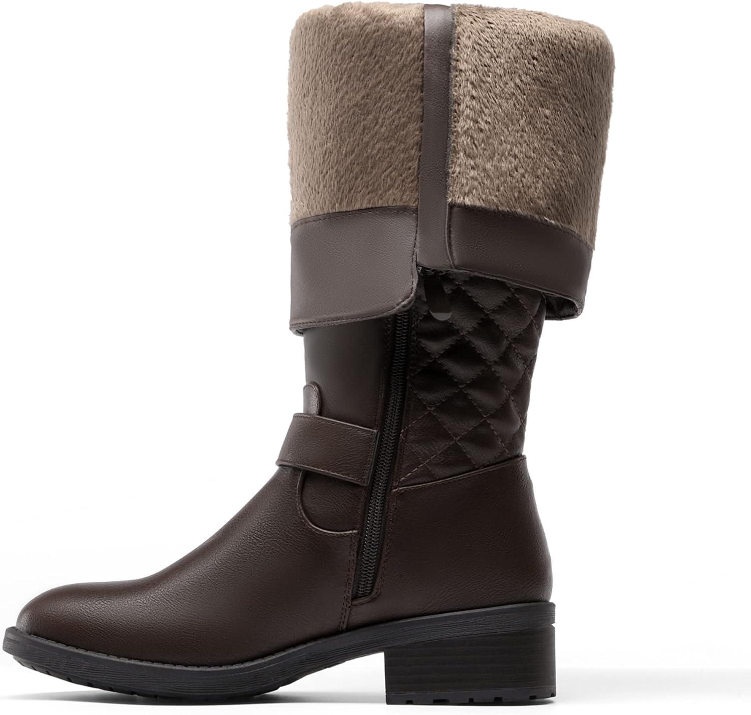 imageDREAM PAIRS Womens KneeHigh Boots Comfortable Chunky Block Heel Round Toe Side Zipper Riding Fashion Buckles Biker Motorcycle BootsBrown