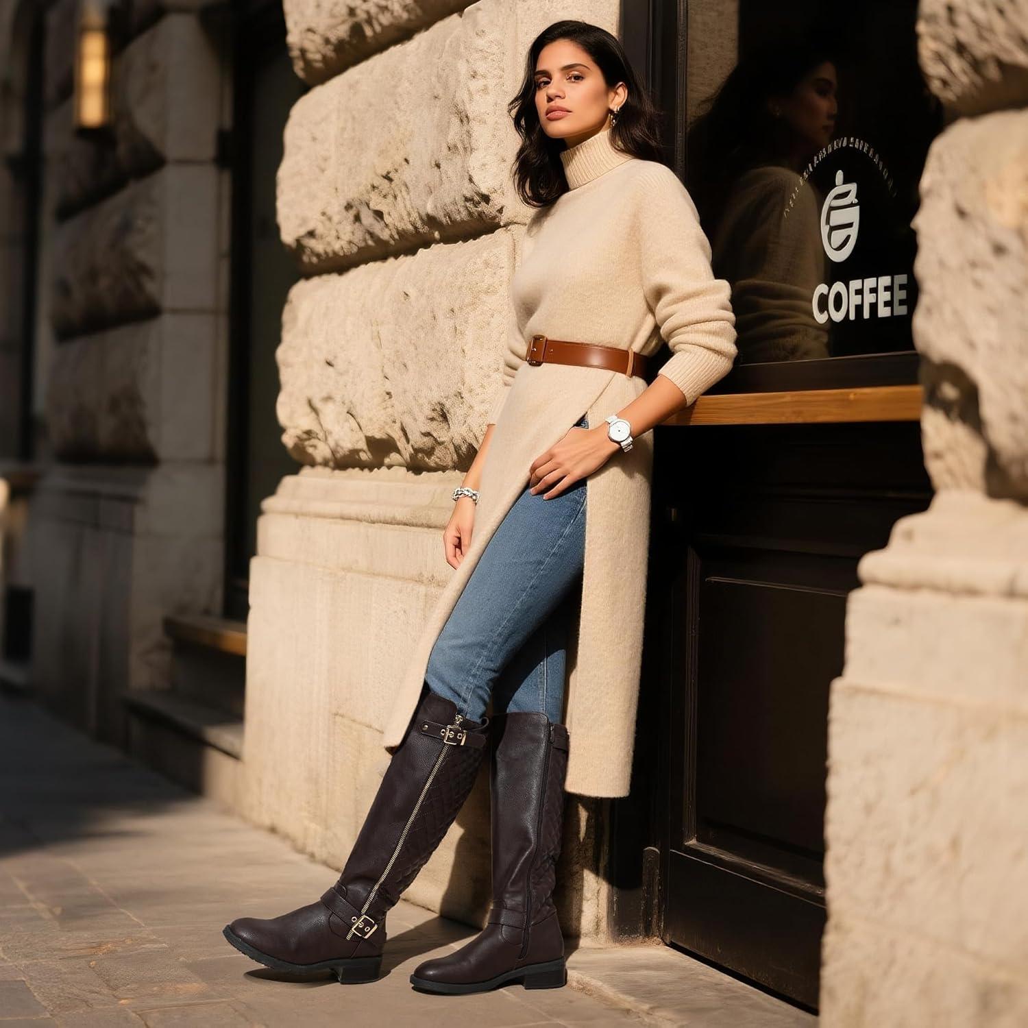 imageDREAM PAIRS Womens KneeHigh Boots Comfortable Chunky Block Heel Round Toe Side Zipper Riding Fashion Buckles Biker Motorcycle BootsBrown