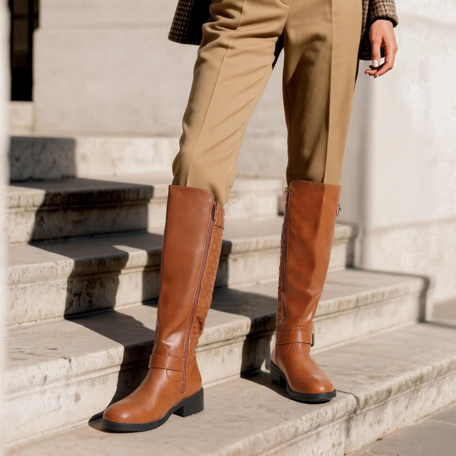 imageDREAM PAIRS Womens KneeHigh Boots Comfortable Chunky Block Heel Round Toe Side Zipper Riding Fashion Buckles Biker Motorcycle BootsLight Brown