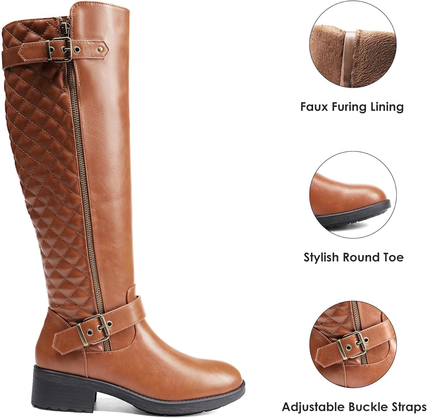 imageDREAM PAIRS Womens KneeHigh Boots Comfortable Chunky Block Heel Round Toe Side Zipper Riding Fashion Buckles Biker Motorcycle BootsLight Brown