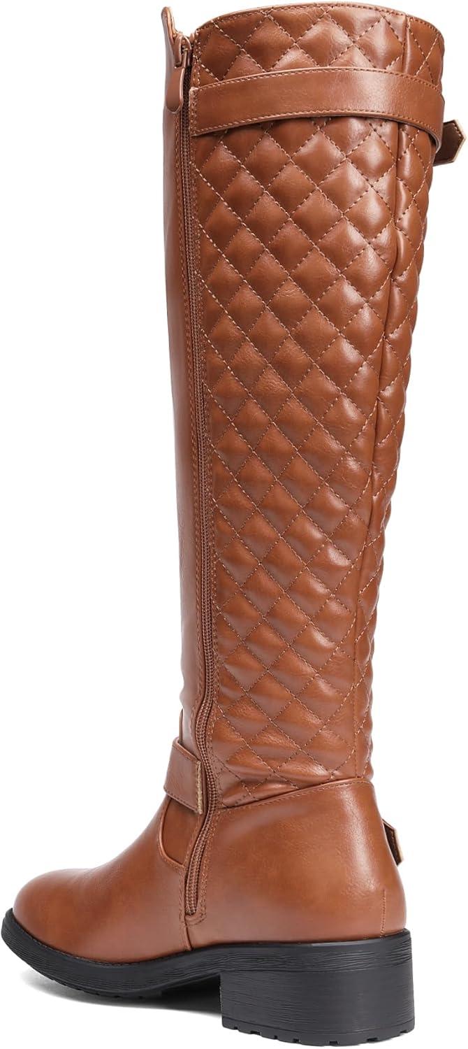 imageDREAM PAIRS Womens KneeHigh Boots Comfortable Chunky Block Heel Round Toe Side Zipper Riding Fashion Buckles Biker Motorcycle BootsLight Brown