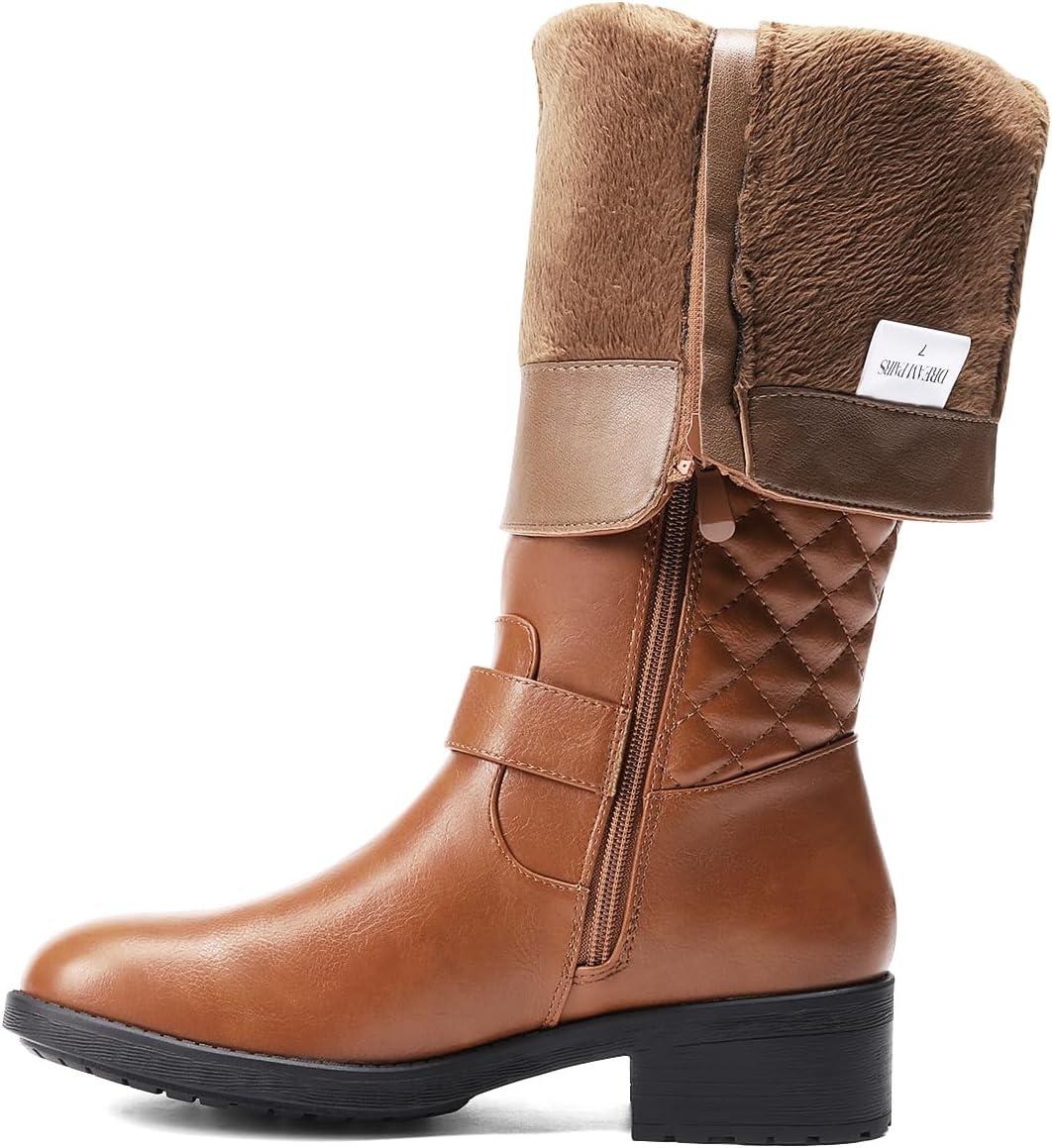 imageDREAM PAIRS Womens KneeHigh Boots Comfortable Chunky Block Heel Round Toe Side Zipper Riding Fashion Buckles Biker Motorcycle BootsLight Brown