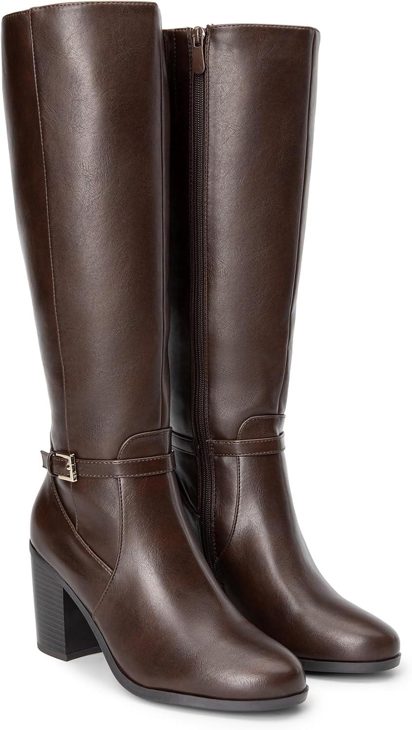 imageDREAM PAIRS Womens KneeHigh Boots Comfortable Chunky Block Heel Side ZipperBrownpu