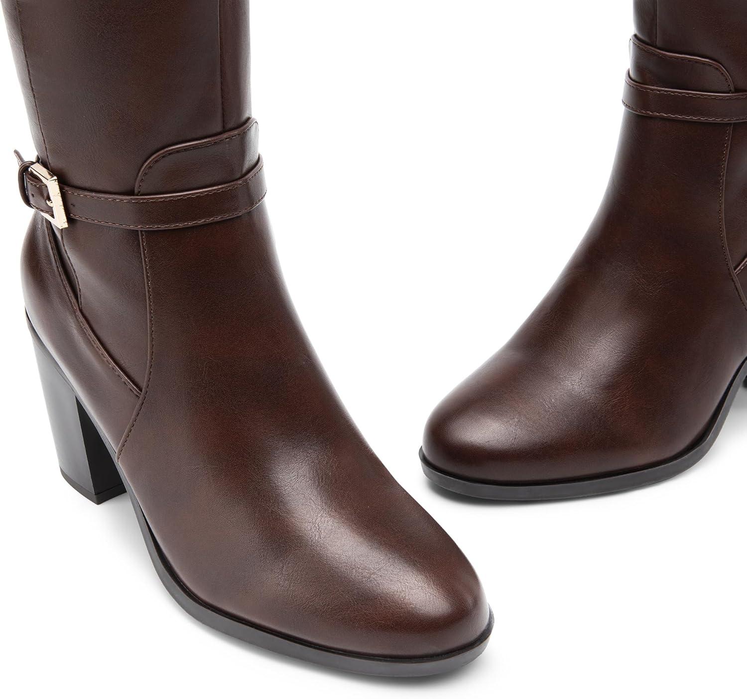 imageDREAM PAIRS Womens KneeHigh Boots Comfortable Chunky Block Heel Side ZipperBrownpu