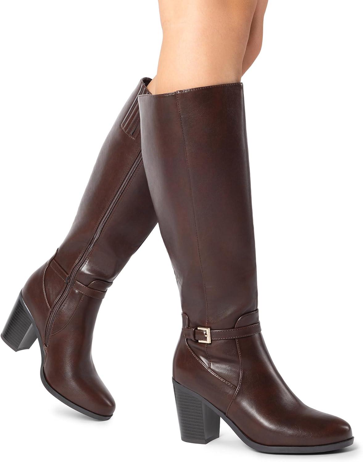 imageDREAM PAIRS Womens KneeHigh Boots Comfortable Chunky Block Heel Side ZipperBrownpu