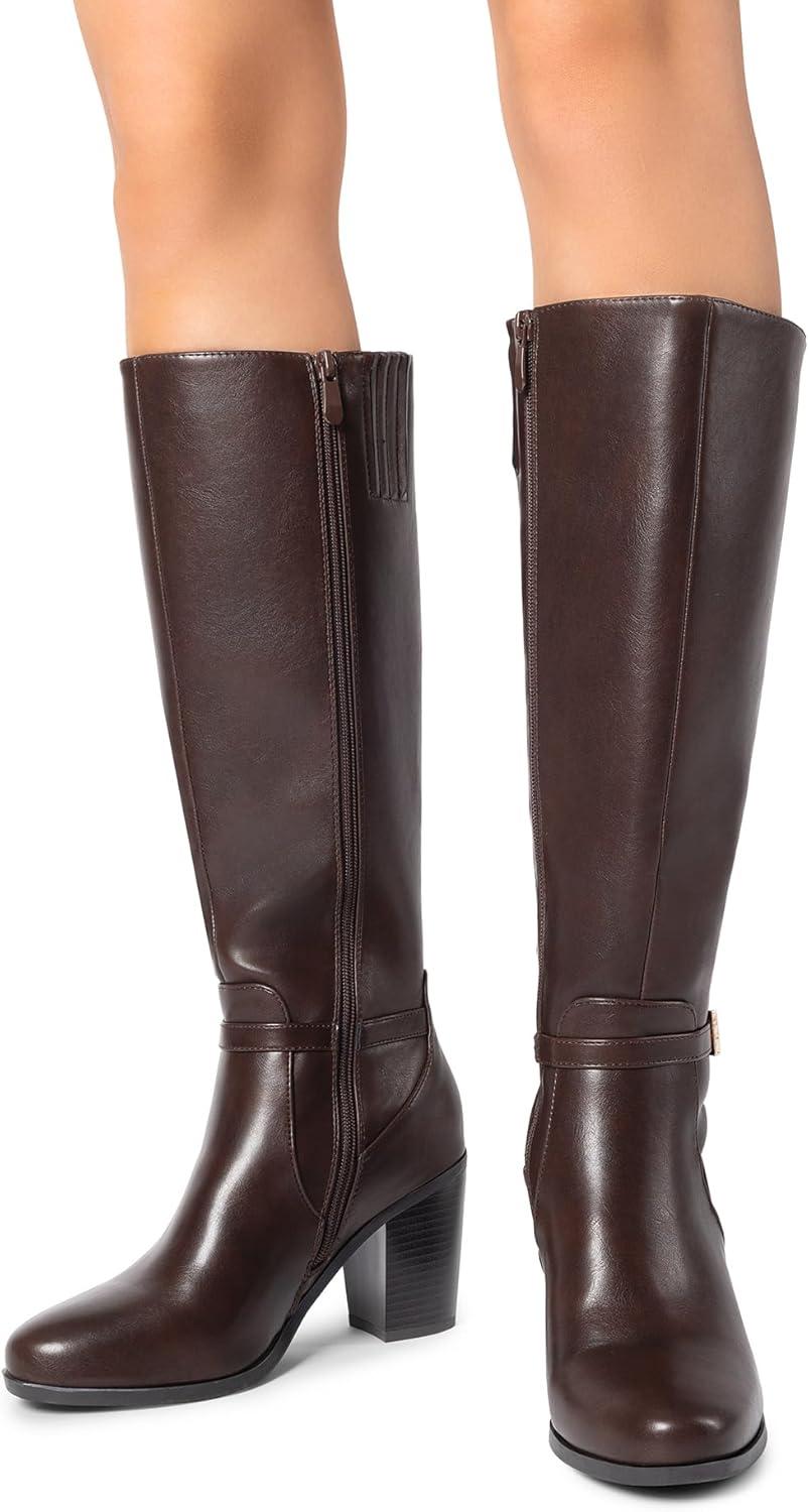 imageDREAM PAIRS Womens KneeHigh Boots Comfortable Chunky Block Heel Side ZipperBrownpu