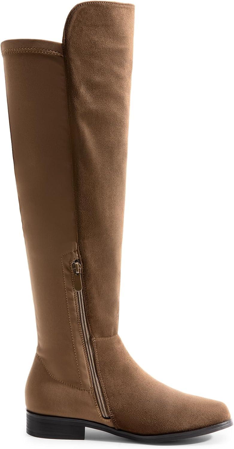 imageDREAM PAIRS Womens KneeHigh Boots Comfortable Flat Low Heel Round Toe Stretchy Suede Slouch Boots with Side ZipperBrownsuede