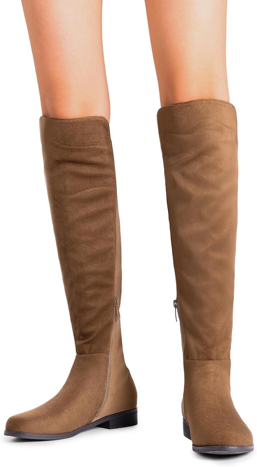 imageDREAM PAIRS Womens KneeHigh Boots Comfortable Flat Low Heel Round Toe Stretchy Suede Slouch Boots with Side ZipperBrownsuede