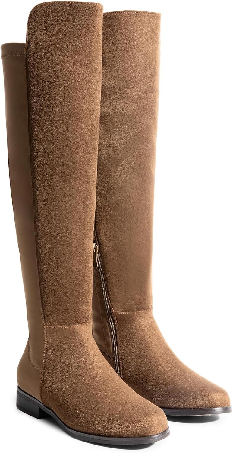 imageDREAM PAIRS Womens KneeHigh Boots Comfortable Flat Low Heel Round Toe Stretchy Suede Slouch Boots with Side ZipperBrownsuede