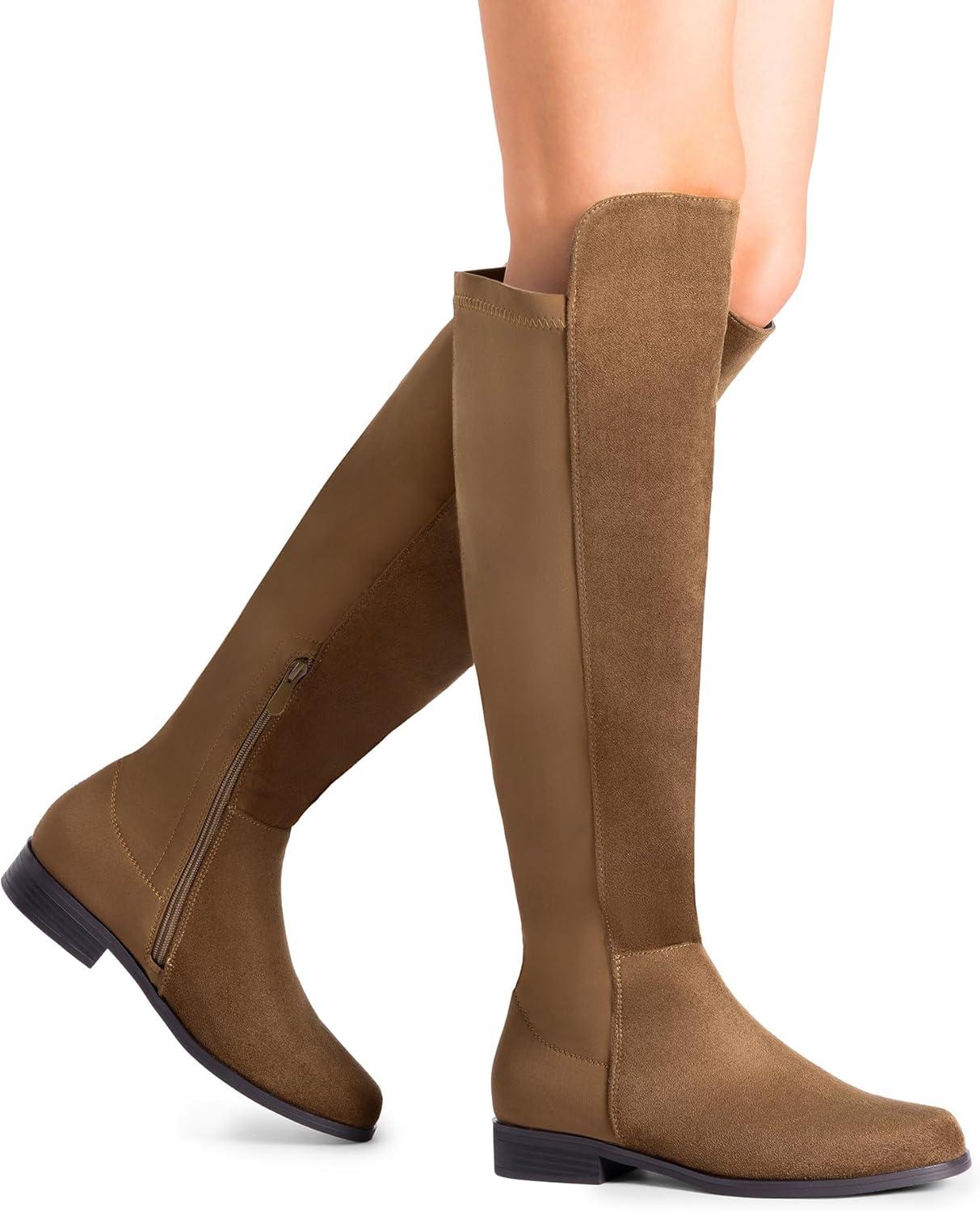 imageDREAM PAIRS Womens KneeHigh Boots Comfortable Flat Low Heel Round Toe Stretchy Suede Slouch Boots with Side ZipperBrownsuede