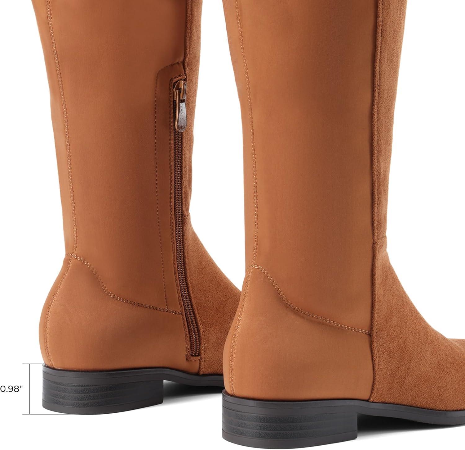 imageDREAM PAIRS Womens KneeHigh Boots Comfortable Flat Low Heel Round Toe Stretchy Suede Slouch Boots with Side ZipperCamel