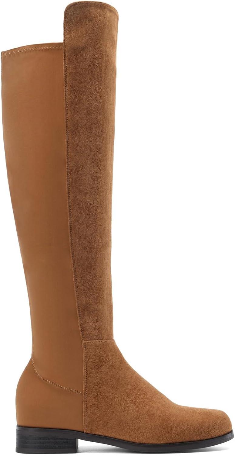 imageDREAM PAIRS Womens KneeHigh Boots Comfortable Flat Low Heel Round Toe Stretchy Suede Slouch Boots with Side ZipperCamel
