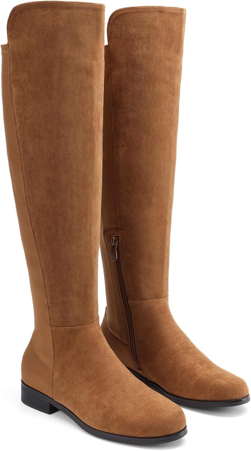 imageDREAM PAIRS Womens KneeHigh Boots Comfortable Flat Low Heel Round Toe Stretchy Suede Slouch Boots with Side ZipperCamel