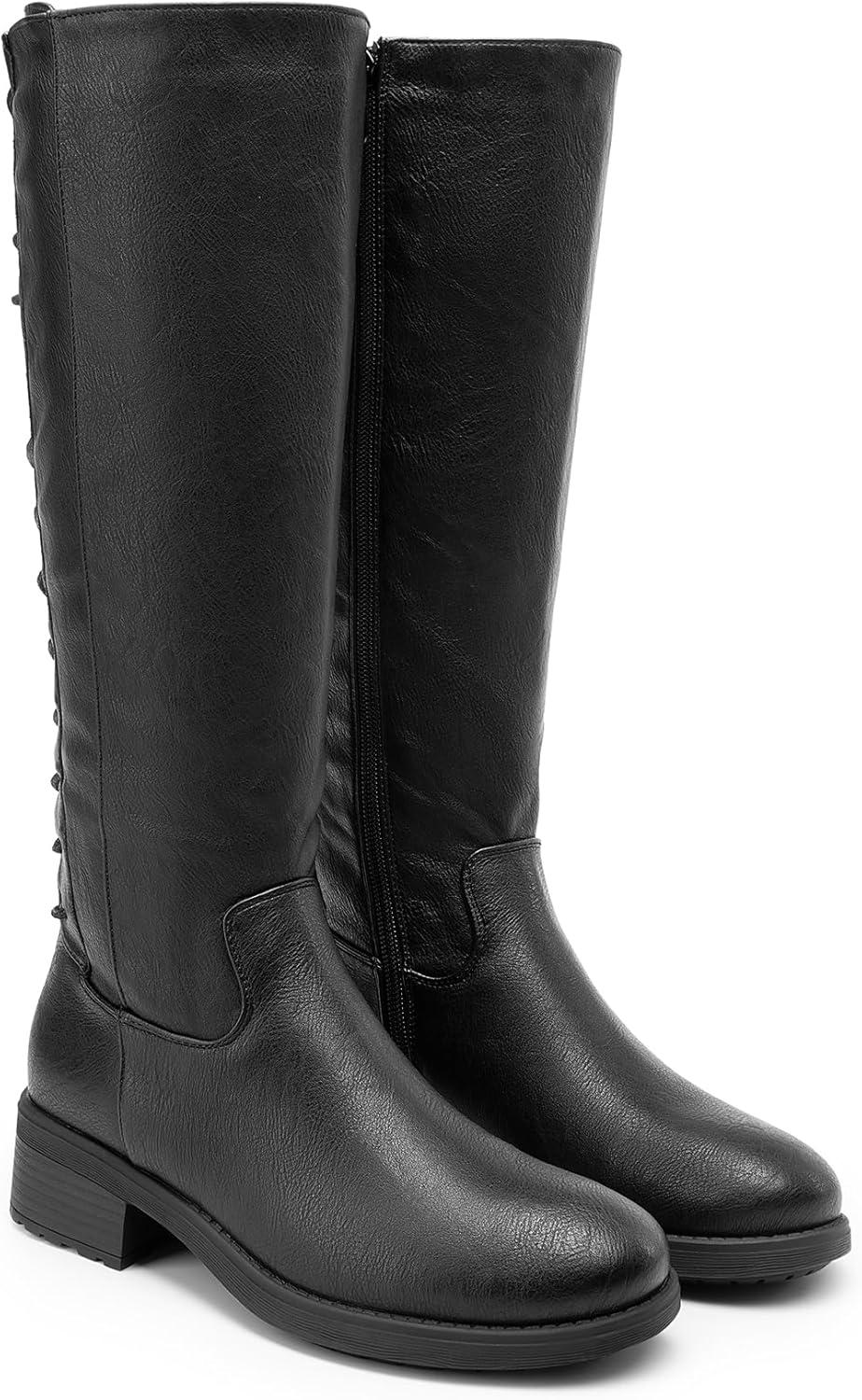 imageDREAM PAIRS Womens Lace Up Back Knee High Fashion Boots Low Block Heel Riding Boots Round Toe Side Zipper Fall BootsBlackpu