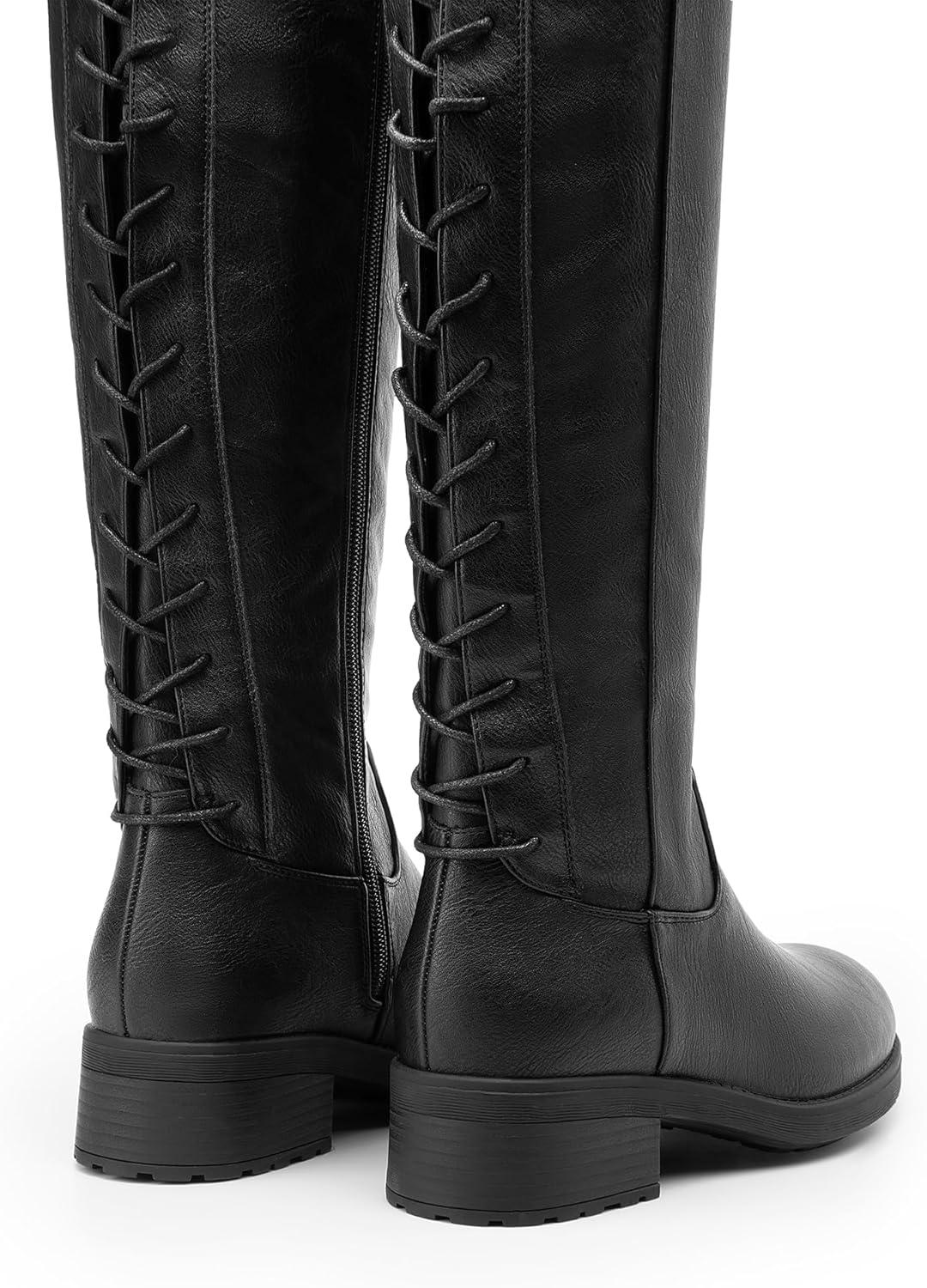 imageDREAM PAIRS Womens Lace Up Back Knee High Fashion Boots Low Block Heel Riding Boots Round Toe Side Zipper Fall BootsBlackpu