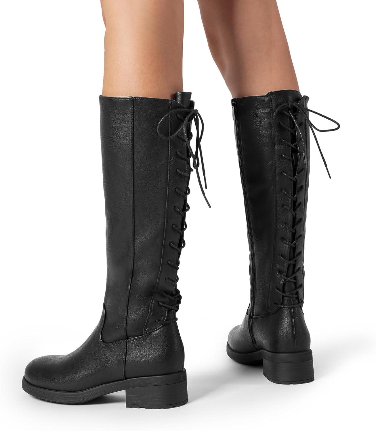 imageDREAM PAIRS Womens Lace Up Back Knee High Fashion Boots Low Block Heel Riding Boots Round Toe Side Zipper Fall BootsBlackpu