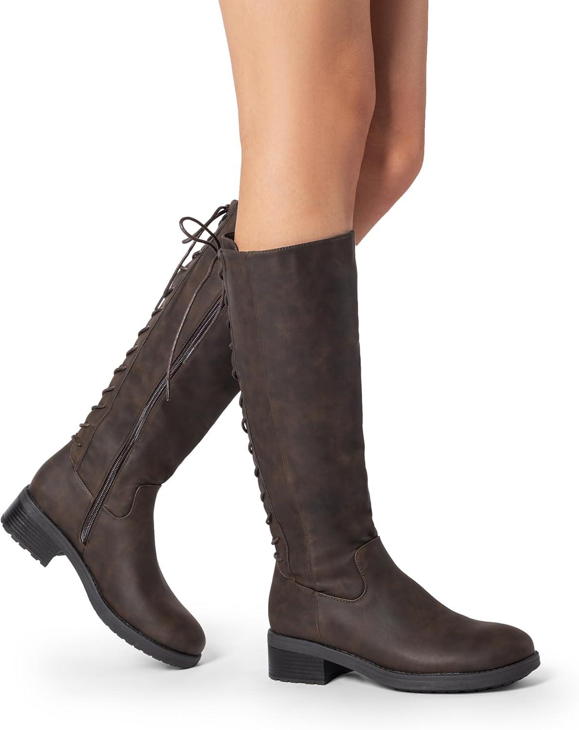 imageDREAM PAIRS Womens Lace Up Back Knee High Fashion Boots Low Block Heel Riding Boots Round Toe Side Zipper Fall BootsBrownnubuck