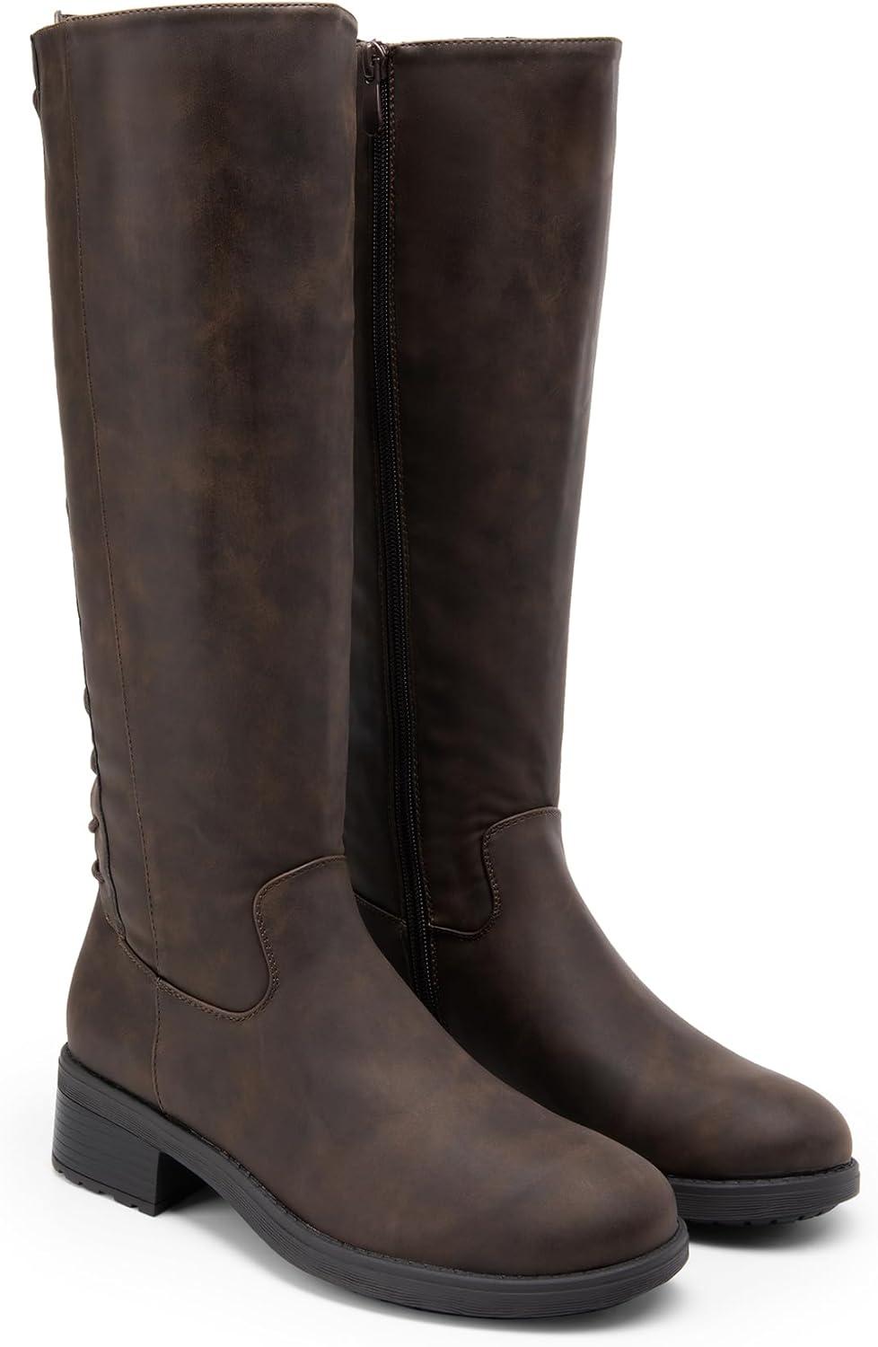 imageDREAM PAIRS Womens Lace Up Back Knee High Fashion Boots Low Block Heel Riding Boots Round Toe Side Zipper Fall BootsBrownnubuck