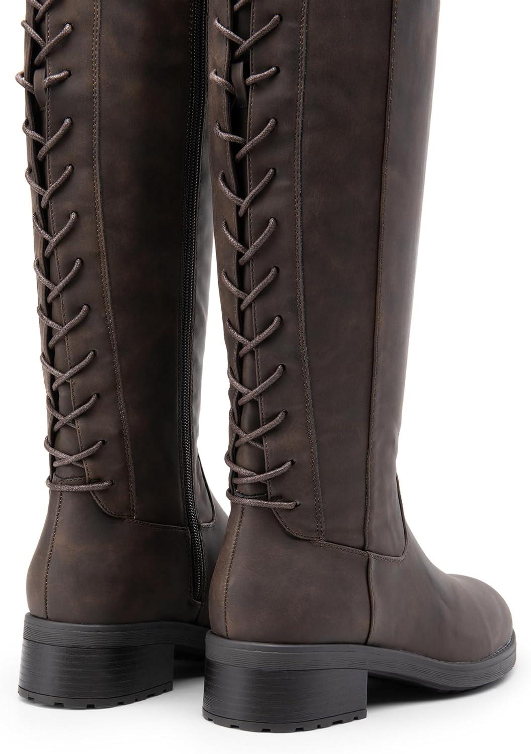 imageDREAM PAIRS Womens Lace Up Back Knee High Fashion Boots Low Block Heel Riding Boots Round Toe Side Zipper Fall BootsBrownnubuck