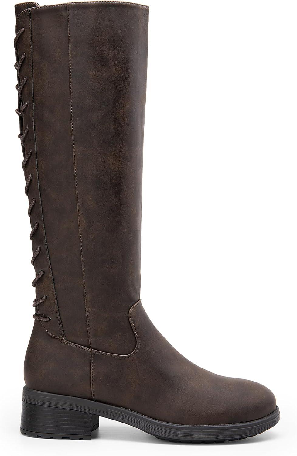 imageDREAM PAIRS Womens Lace Up Back Knee High Fashion Boots Low Block Heel Riding Boots Round Toe Side Zipper Fall BootsBrownnubuck