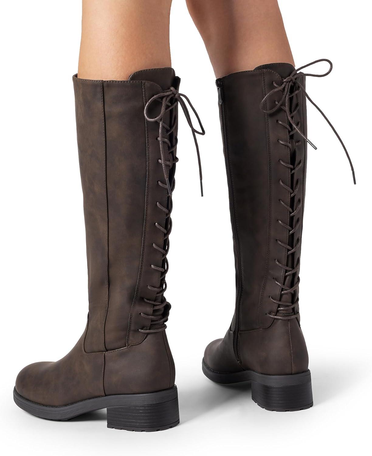 imageDREAM PAIRS Womens Lace Up Back Knee High Fashion Boots Low Block Heel Riding Boots Round Toe Side Zipper Fall BootsBrownnubuck