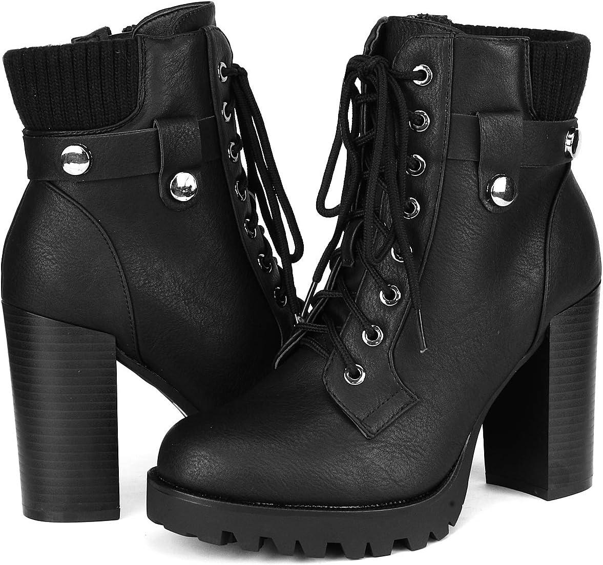 imageDREAM PAIRS Womens Lace up Combat Ankle Boots High Chunky Heel Fashion Heeled Booties ShoesBlack
