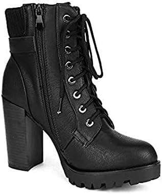 imageDREAM PAIRS Womens Lace up Combat Ankle Boots High Chunky Heel Fashion Heeled Booties ShoesBlack