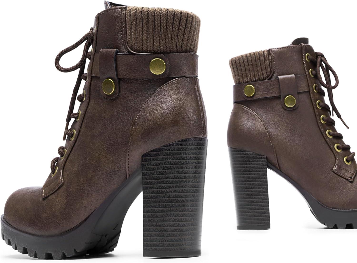 imageDREAM PAIRS Womens Lace up Combat Ankle Boots High Chunky Heel Fashion Heeled Booties ShoesBrown