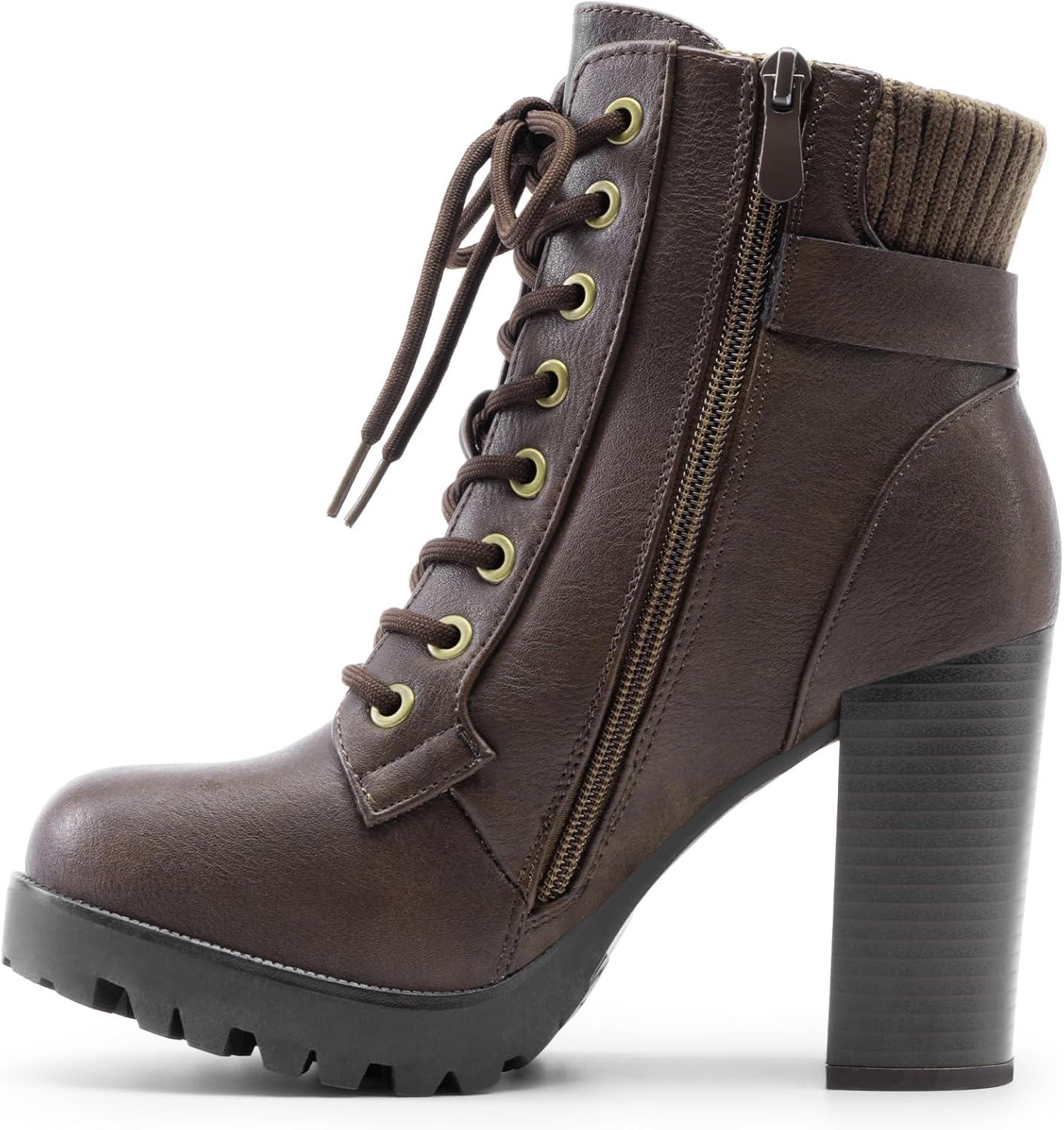 imageDREAM PAIRS Womens Lace up Combat Ankle Boots High Chunky Heel Fashion Heeled Booties ShoesBrown