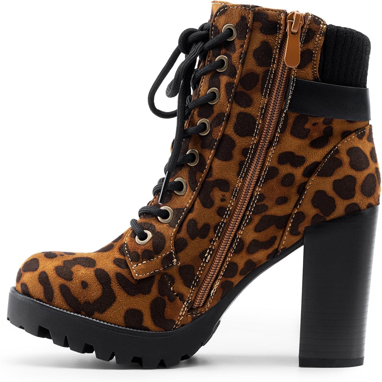 imageDREAM PAIRS Womens Lace up Combat Ankle Boots High Chunky Heel Fashion Heeled Booties ShoesLeopard