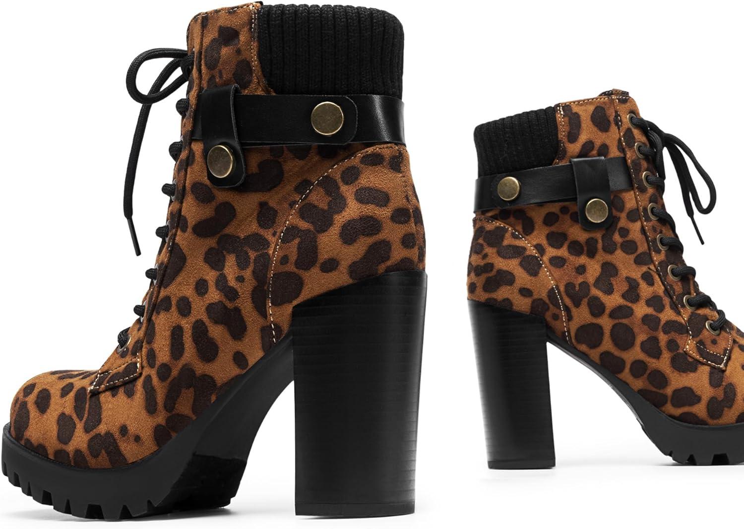 imageDREAM PAIRS Womens Lace up Combat Ankle Boots High Chunky Heel Fashion Heeled Booties ShoesLeopard