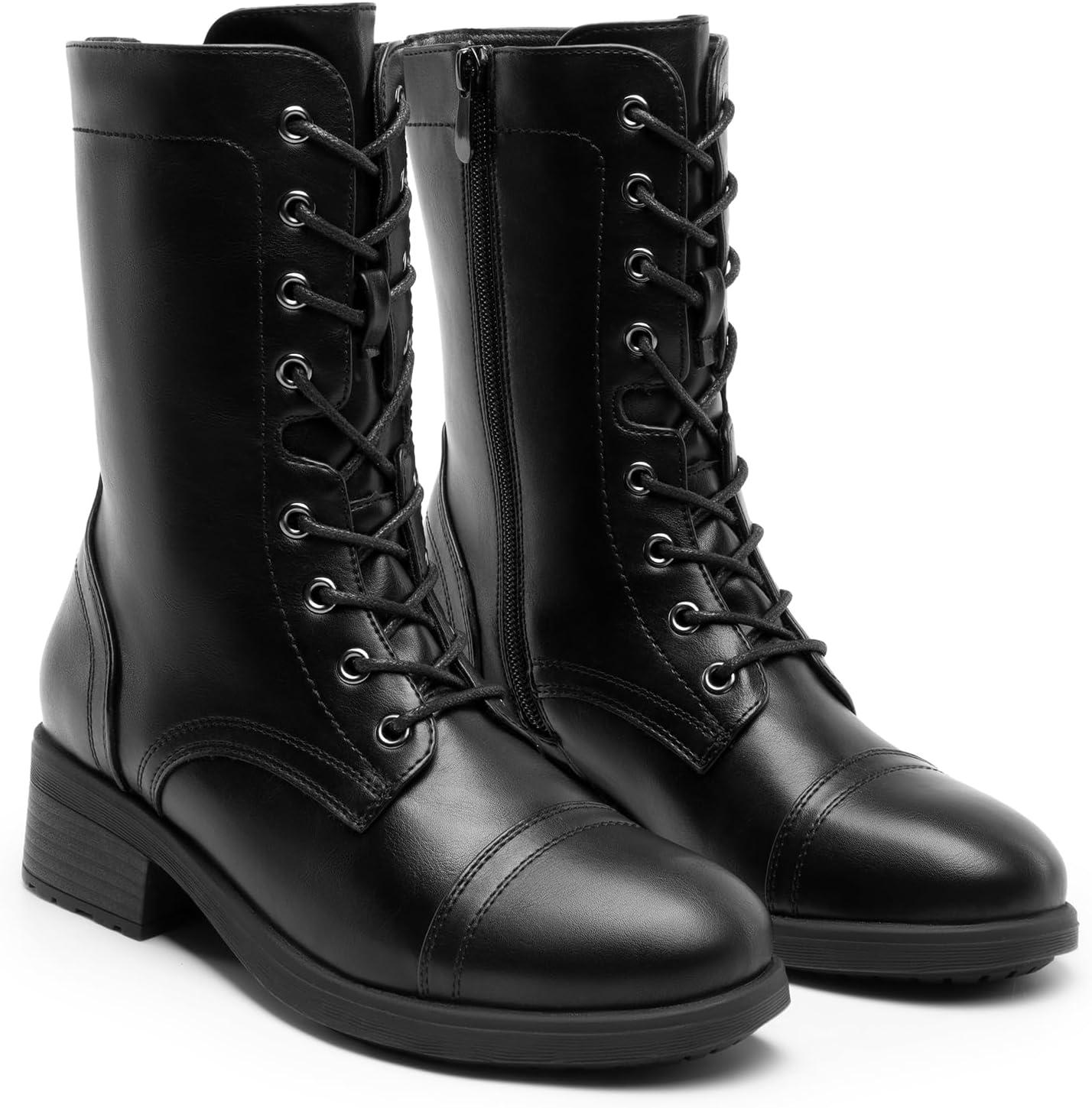 imageDREAM PAIRS Womens Lace up Mid Calf Combat Riding Military BootsBlack