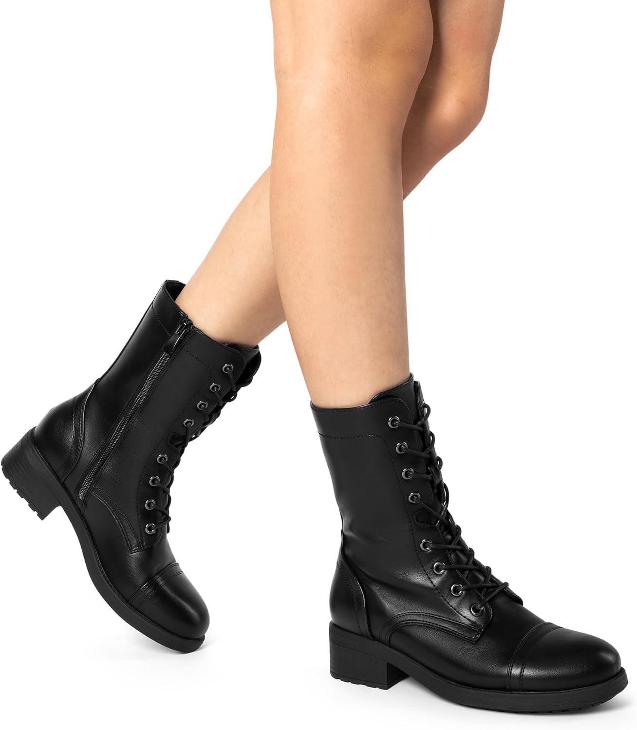 imageDREAM PAIRS Womens Lace up Mid Calf Combat Riding Military BootsBlack