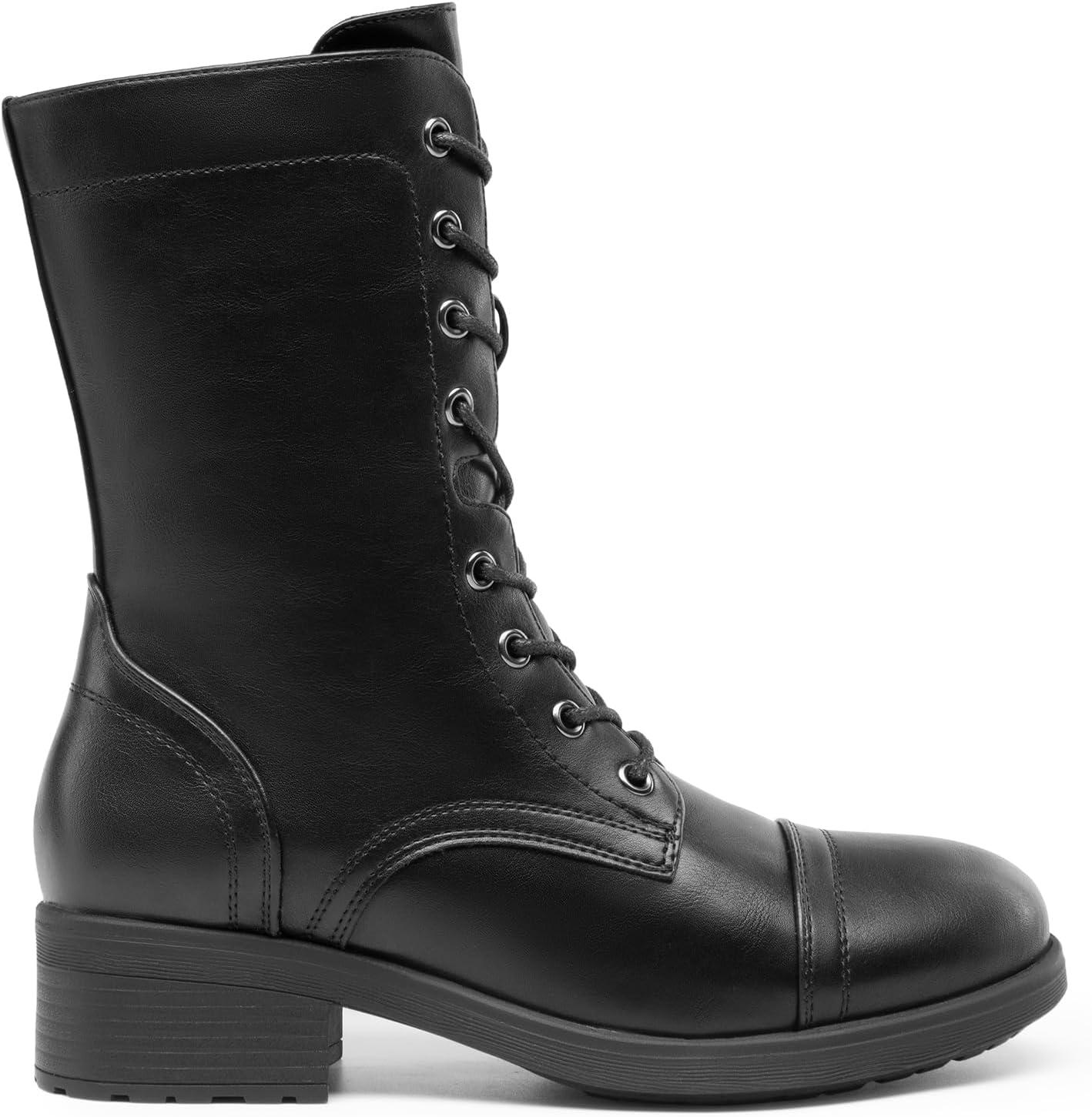 imageDREAM PAIRS Womens Lace up Mid Calf Combat Riding Military BootsBlack