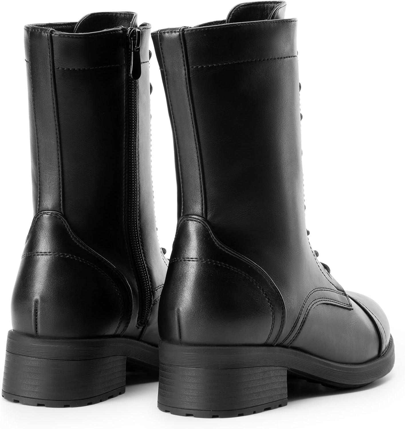 imageDREAM PAIRS Womens Lace up Mid Calf Combat Riding Military BootsBlack