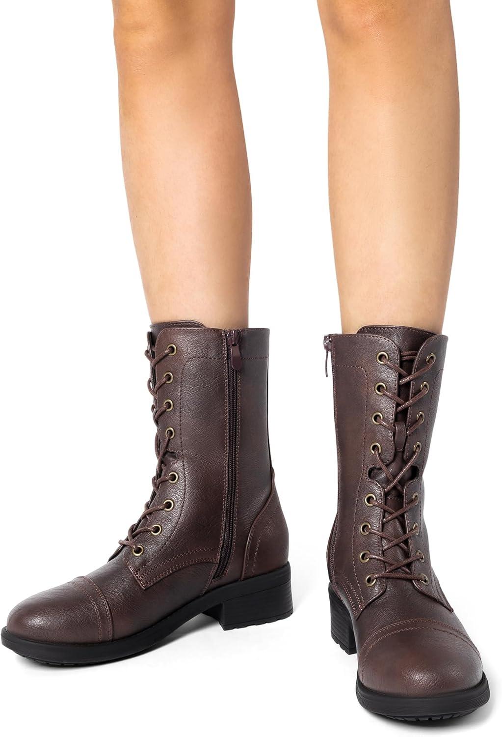 imageDREAM PAIRS Womens Lace up Mid Calf Combat Riding Military BootsDark Brown