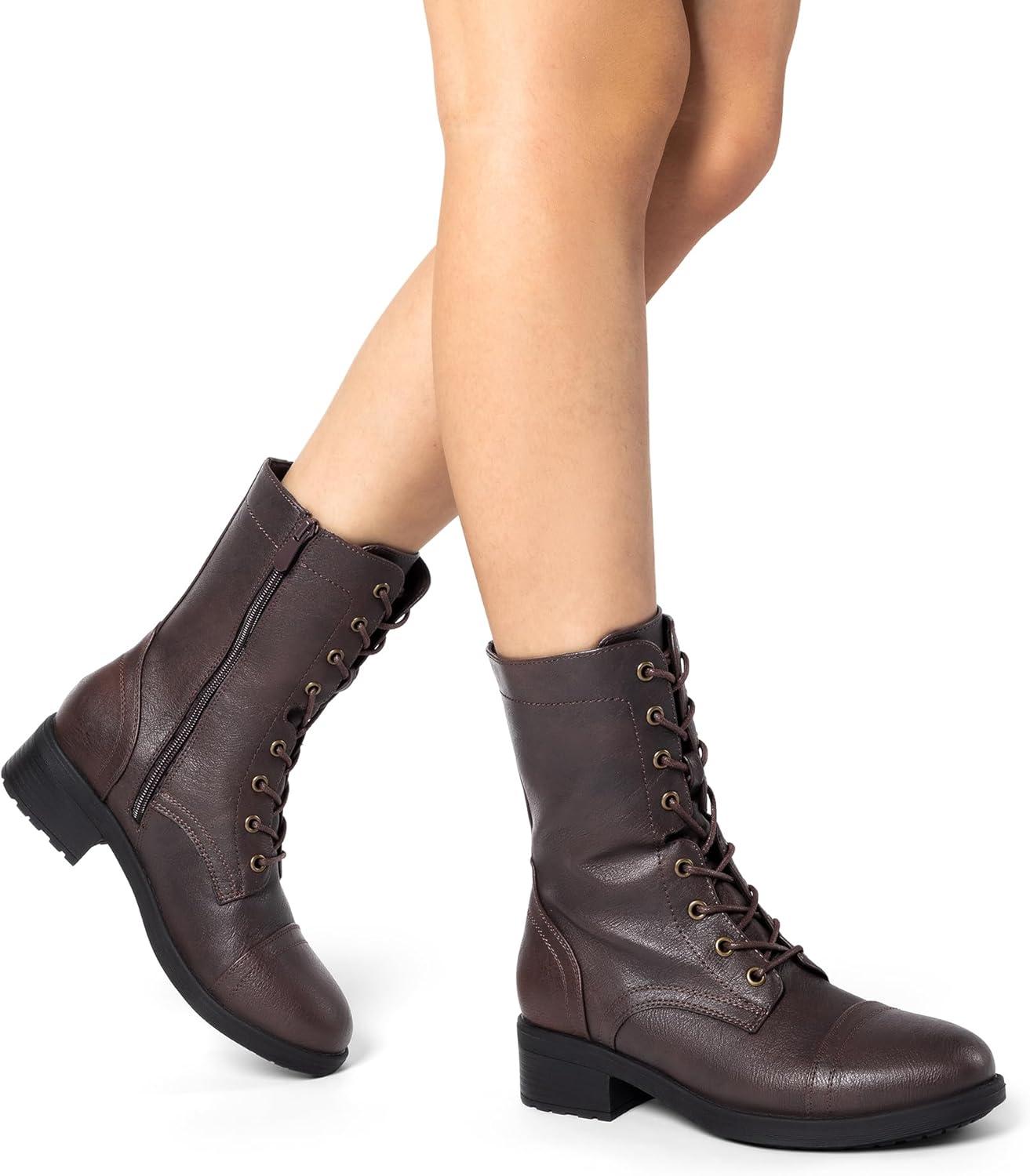 imageDREAM PAIRS Womens Lace up Mid Calf Combat Riding Military BootsDark Brown