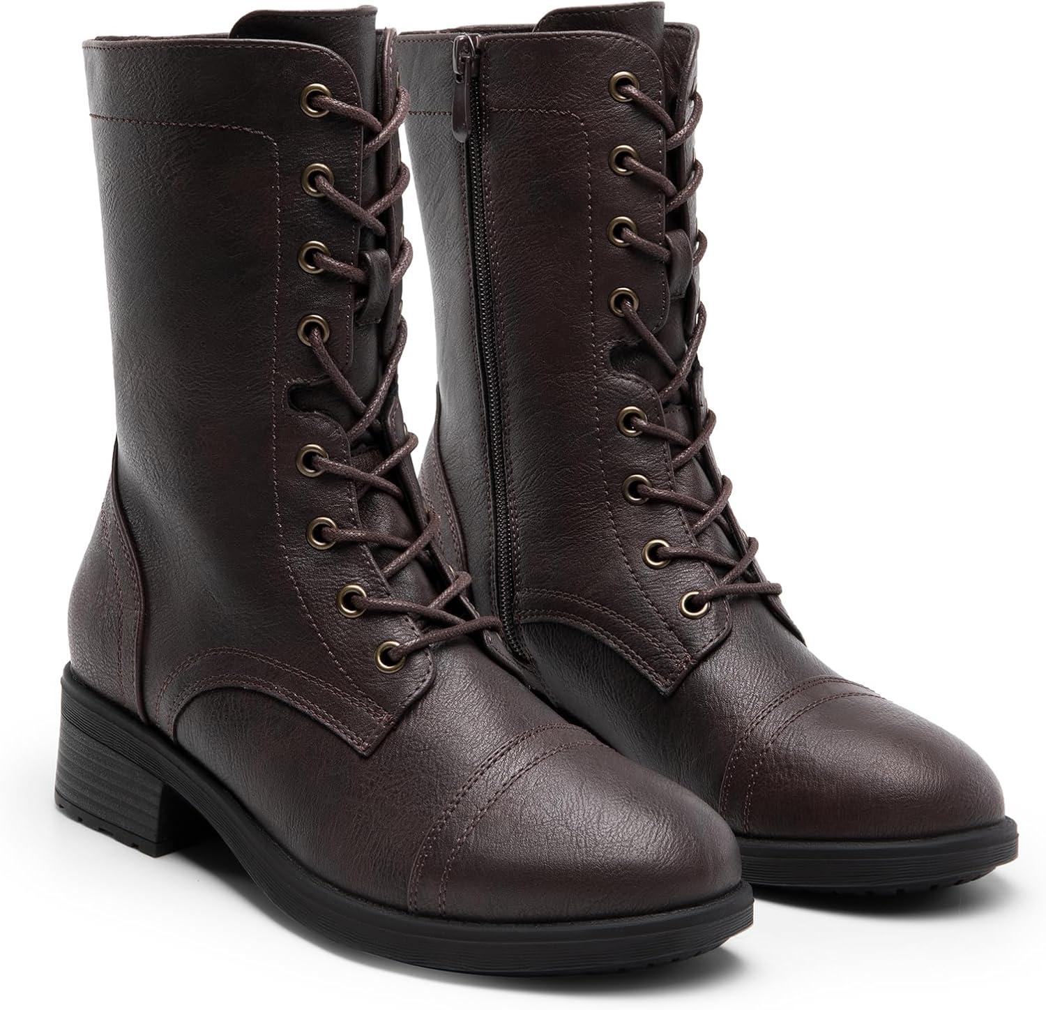 imageDREAM PAIRS Womens Lace up Mid Calf Combat Riding Military BootsDark Brown